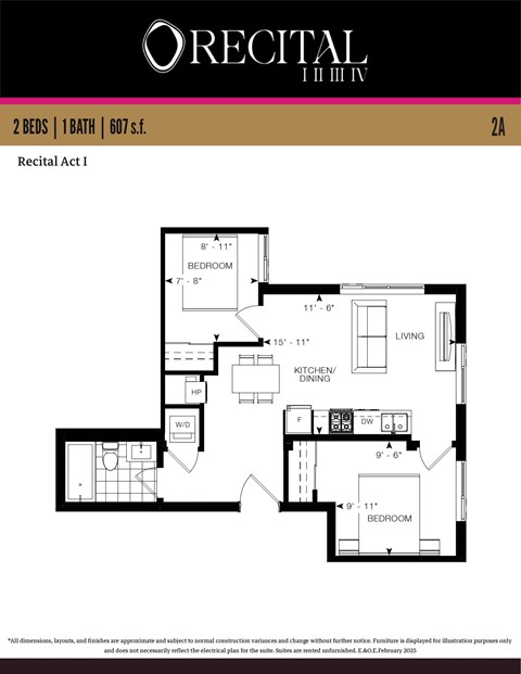 Floor plan for 2 beds, 1 bath, 607 sqft